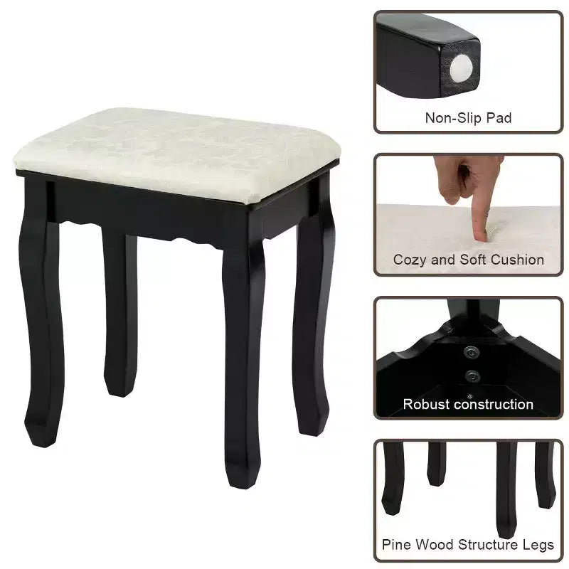 Set Toeletta da Camera Trucco Specchiera con 3 Cassetti 10 Lampadine Led Nero