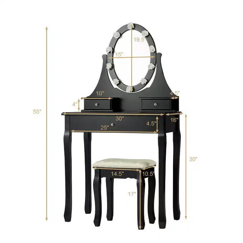 Set Toeletta da Camera Trucco Specchiera con 3 Cassetti 10 Lampadine Led Nero