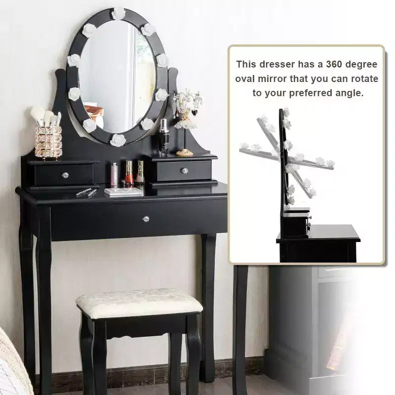 Set Toeletta da Camera Trucco Specchiera con 3 Cassetti 10 Lampadine Led Nero
