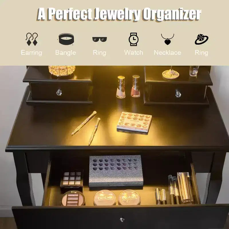 Set Toeletta da Camera Trucco Specchiera con 3 Cassetti 10 Lampadine Led Nero