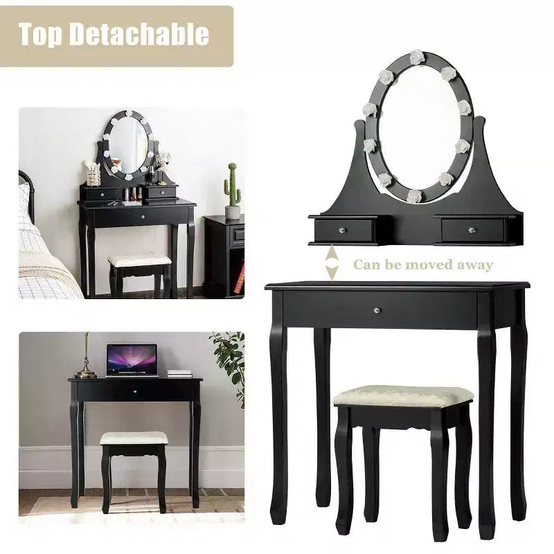 Set Toeletta da Camera Trucco Specchiera con 3 Cassetti 10 Lampadine Led Nero