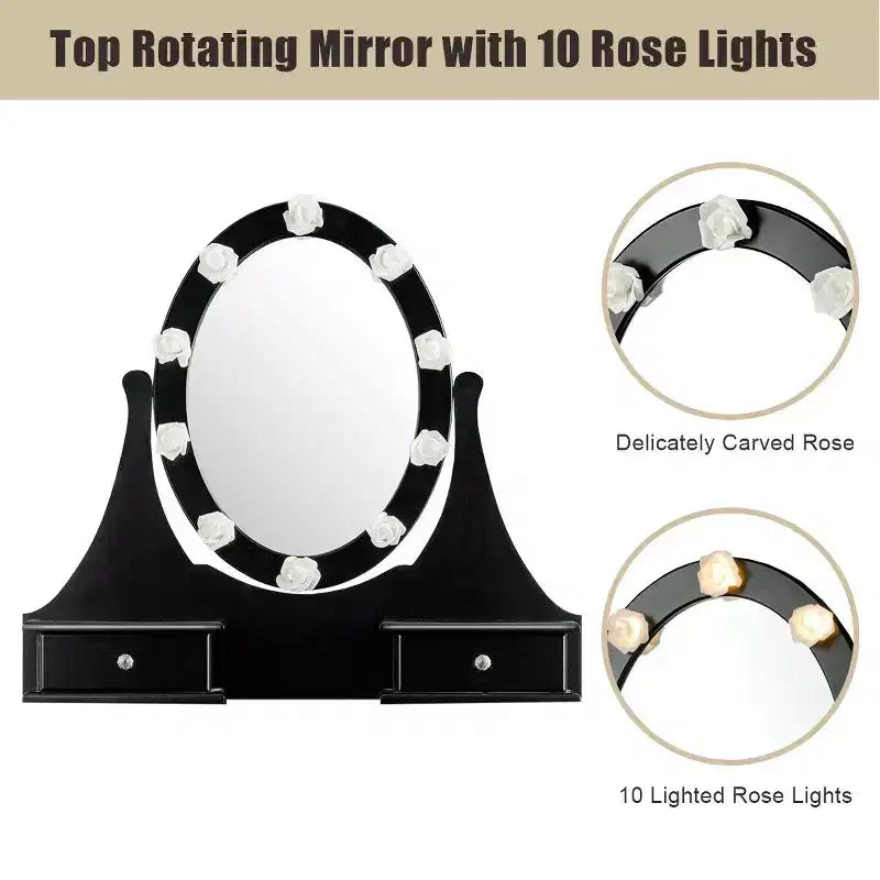 Set Toeletta da Camera Trucco Specchiera con 3 Cassetti 10 Lampadine Led Nero
