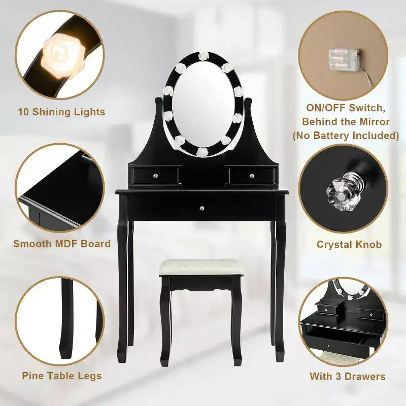 Set Toeletta da Camera Trucco Specchiera con 3 Cassetti 10 Lampadine Led Nero