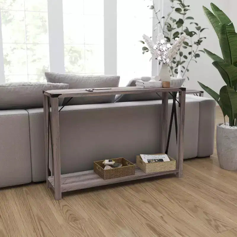 Consolle in legno ingegnerizzato Modern Farmhouse e dettagli in acciaio verniciato a polvere