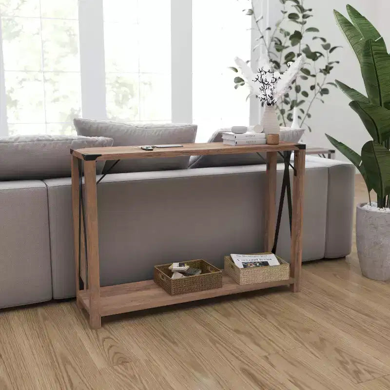 Consolle in legno ingegnerizzato Modern Farmhouse e dettagli in acciaio verniciato a polvere