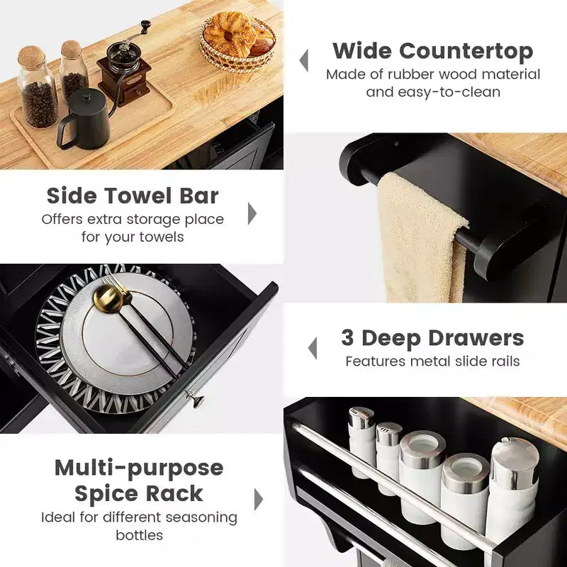 Isola da Cucina su Ruote Carrello Utensili Mobiletti Cassetti Porta Spezie Nero/Bianco